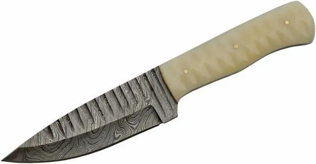Alt view image 2 of 4 - Damascus Steel Hunting Knife | 5" Blade Full Tang Bone Handle + Leather Sheath