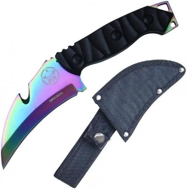 Main image of Tactical Knife | Wartech 8.5" Overall Full Tang Rainbow Hawkbill Gut Hook Blade