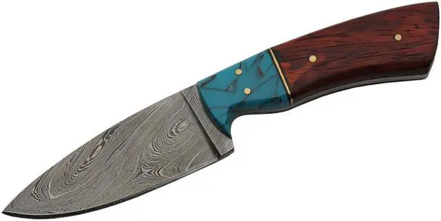 Alt view image 2 of 4 - Damascus Steel Blade Hunting Knife | 9" Overall Wood Turquoise Skinner + Sheath