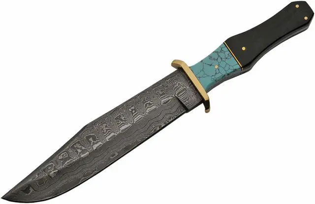 Alt view image 2 of 3 - DAMASCUS STEEL BLADE BOWIE KNIFE | 12.5" Overall Black Horn + Turquoise Handle