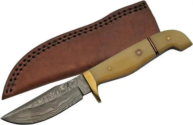 Main image of Damascus Steel Hunting Knife | 8" Overall Real Bone Handle + Leather Sheath