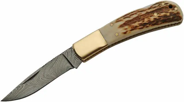 Alt view image 2 of 3 - Damascus Steel Blade Folding Pocket Knife | 4" Stag Handle Classic Lockback