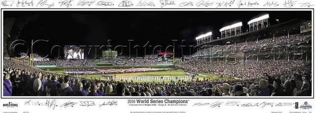 Main image of Chicago Cubs 2016 WS Game 3 Wrigley Field  Facsimile Signs - 13.5x39 Panoramic Poster. Frame Dimensions 13.5x39 with Black Metal Frame #2117