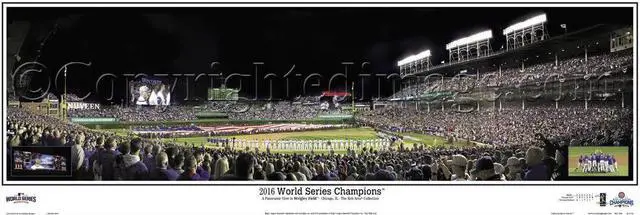Main image of Chicago Cubs 2016 WS Game 3 Wrigley Field w/Game Inserts - 13.5x39 Panoramic Poster. Frame Dimensions 15.5x41 Deluxe Double Matt & Black "Mahogany" Wood Frame w/Plexi Glass #2114