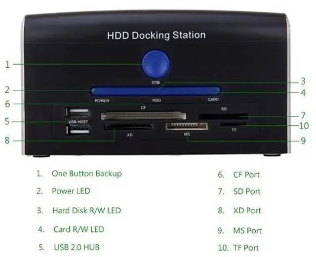 Alt view image 3 of 7 - AURIN 3.5" 2.5" HDD Dual-Bay USB 2.0 to IDE SATA/eSATA Docking Station with All in one Card Reader and 2-port Hub, Supports Clone function