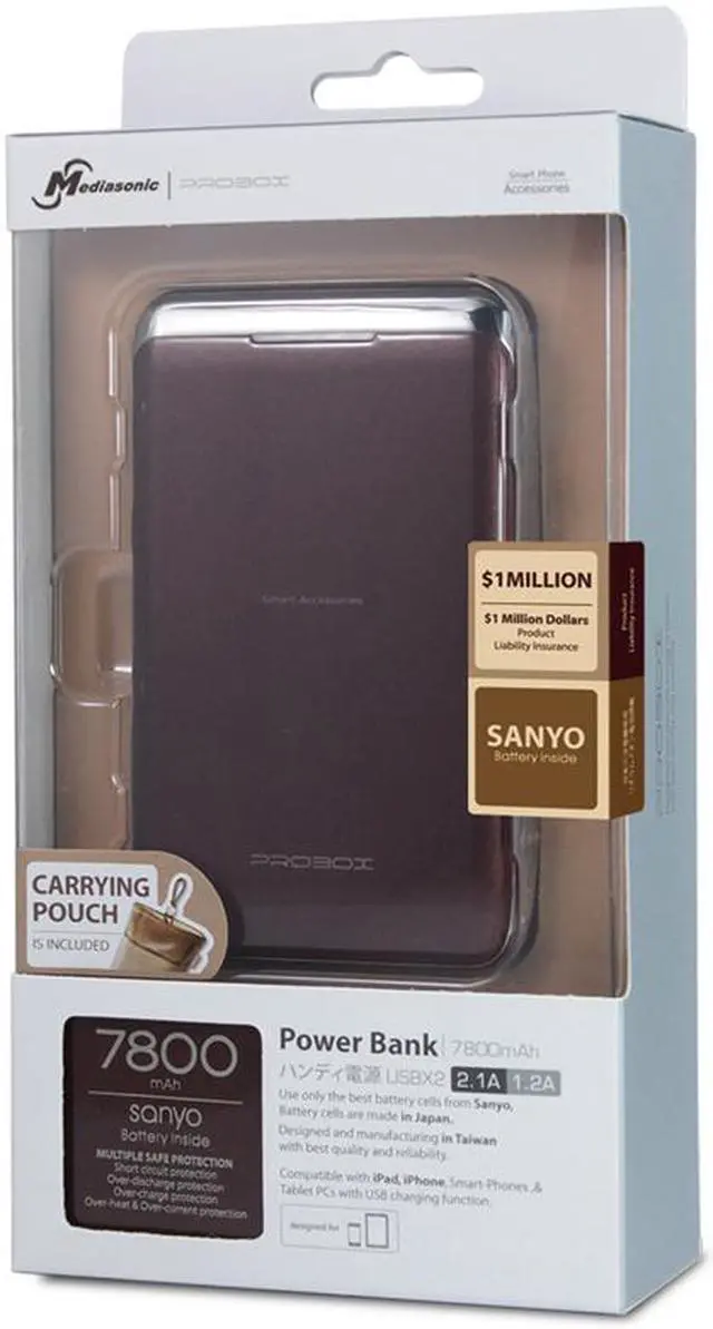 Alt view image 2 of 4 - Mediasonic HE1-78U2-BR 7800mAh Power Bank With Orginial Sanyo Japanese Battery Cell 2.1A/1.2A Dual Port Brown