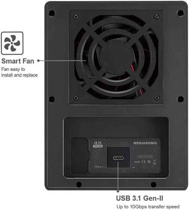 Alt view image 2 of 7 - Mediasonic Raid 0 / 1 USB 3.2 Type C 4 Bay 3.5 SATA Hard Drive Enclosure with USB Hub Feature USB 3.2 Gen 2 10Gbps (HFR7-SU31CH)