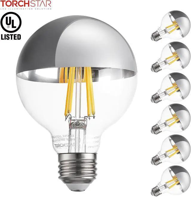 Main image of TORCHSTAR G25 Half Chrome Light Bulb, 7W Dimmable LED Filament Vintage Globe Light, UL Listed, Warm White 3000K, E26 Base for Dining Table, Dressing Room, Vanity Strip, Pack of 6