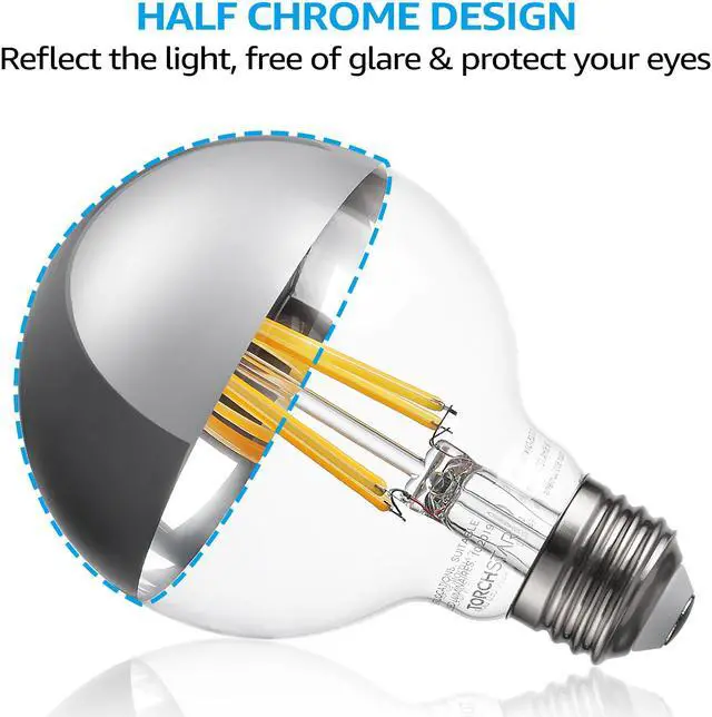 Alt view image 2 of 7 - TORCHSTAR G25 Half Chrome Light Bulb, 7W Dimmable LED Filament Vintage Globe Light, UL Listed, Warm White 3000K, E26 Base for Dining Table, Dressing Room, Vanity Strip, Pack of 6