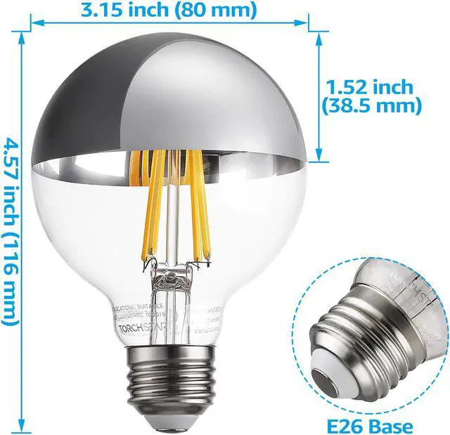 Alt view image 7 of 7 - TORCHSTAR G25 Half Chrome Light Bulb, 7W Dimmable LED Filament Vintage Globe Light, UL Listed, Warm White 3000K, E26 Base for Dining Table, Dressing Room, Vanity Strip, Pack of 6