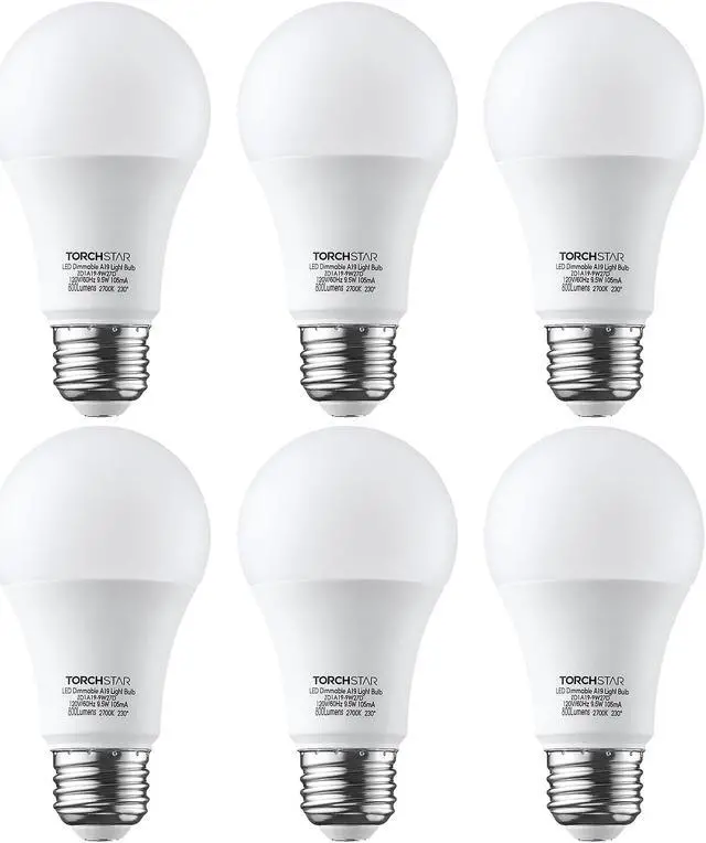 Main image of TORCHSTAR Dimmable LED A19 Light Bulb, 9.5W(60W Eqv.), E26 Base Bulbs, 800lm, 2700K Soft White, UL & Energy Star Listed, for Floor Lamp, Desk Lamp, Ceiling Fan, 3-Year Warranty, Pack of 6