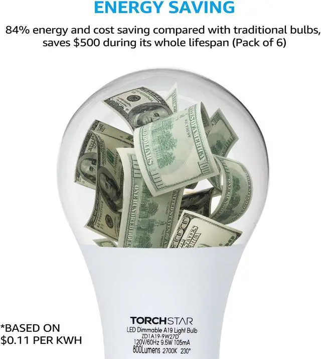 Alt view image 7 of 7 - TORCHSTAR Dimmable LED A19 Light Bulb, 9.5W(60W Eqv.), E26 Base Bulbs, 800lm, 2700K Soft White, UL & Energy Star Listed, for Floor Lamp, Desk Lamp, Ceiling Fan, 3-Year Warranty, Pack of 6