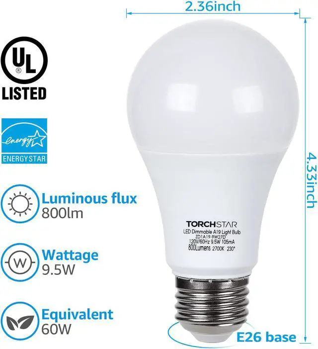 Alt view image 2 of 7 - TORCHSTAR Dimmable LED A19 Light Bulb, 9.5W(60W Eqv.), E26 Base Bulbs, 800lm, 2700K Soft White, UL & Energy Star Listed, for Floor Lamp, Desk Lamp, Ceiling Fan, 3-Year Warranty, Pack of 6