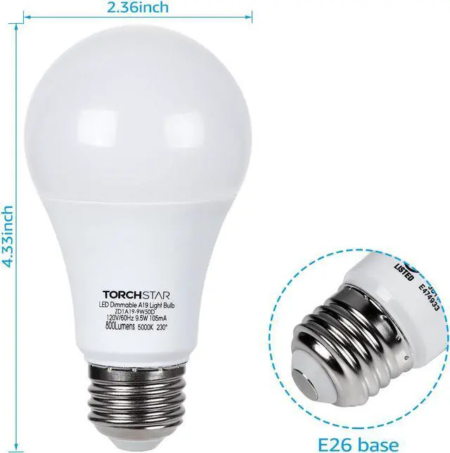 Alt view image 7 of 7 - TORCHSTAR Dimmable LED A19 Light Bulb, 9.5W(60W Eqv.), E26 Base Bulbs, 800lm, 5000K Daylight, UL & Energy Star Listed, for Floor Lamp, Desk Lamp, Ceiling Fan, 3-Year Warranty, Pack of 6