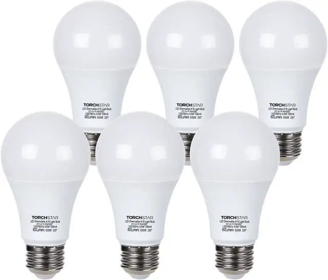 Main image of TORCHSTAR Dimmable LED A19 Light Bulb, 9.5W(60W Eqv.), E26 Base Bulbs, 800lm, 5000K Daylight, UL & Energy Star Listed, for Floor Lamp, Desk Lamp, Ceiling Fan, 3-Year Warranty, Pack of 6