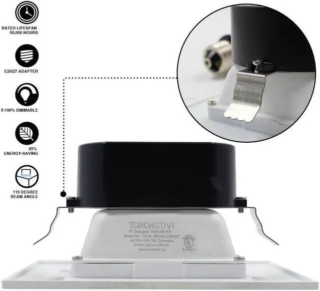 Alt view image 3 of 7 - TORCHSTAR 8-Pack 9W 4 Inch High CRI Dimmable Retrofit LED Square Recessed Lighting Fixture, 60W Equivalent 2700K Warm White UL-Classified Square Recessed Ceiling Light Downlight