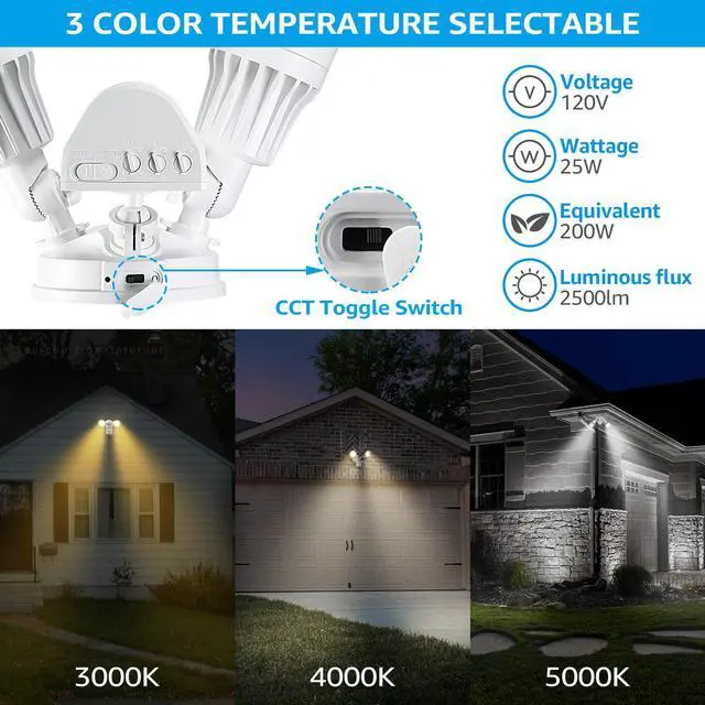 Alt view image 2 of 7 - LEONLITE 3CCT LED Security Light, 3000K/4000K/5000K Selectable, 2500lm, Motion Sensor Flood Light, Dusk to Dawn & Motion Detector 3 Modes, Adjustable 2-Head, 25W(200W Eqv.), Wet Location, ETL, White