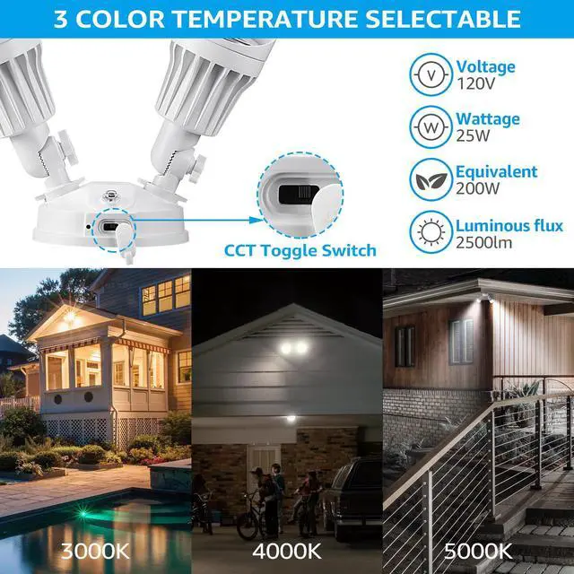 Alt view image 2 of 7 - LEONLITE 3CCT Dusk to Dawn LED Security Light, 3000K/4000K/5000K Selectable, ETL Listed, 2500lm, Adjustable 2-Head Flood Light Outdoor with Photocell, 25W(200W Equiv.), Wet Location, Aluminum, White