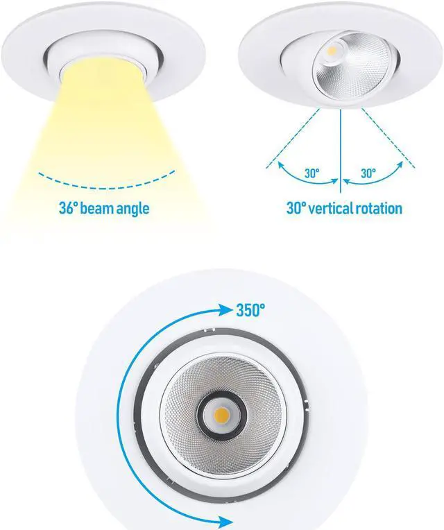 Alt view image 3 of 7 - TORCHSTAR 4-Pack 6" LED Gimbal Recessed Light Dimmable, 12W Swivel Eyeball Downlight, CRI90, ETL Listed, 5000K Daylight