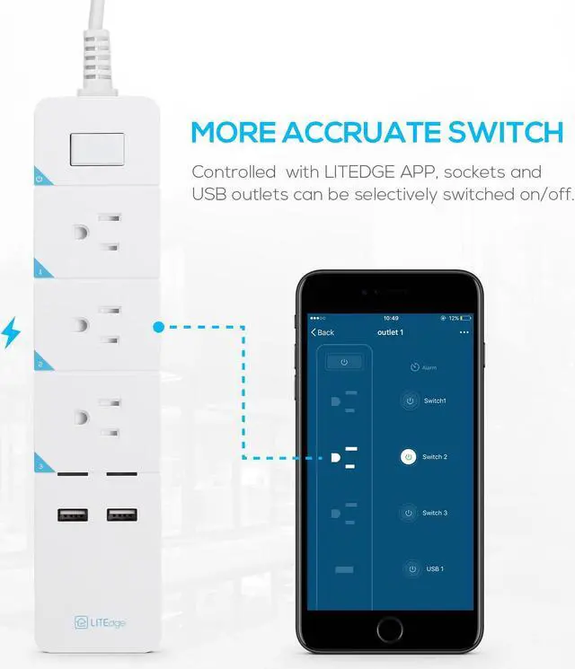Alt view image 5 of 7 - LITEdge Smart Power Strip, Wi-Fi Accessible 3 AC Outlets 2 USB Ports, Distance Access, 5.6ft Cable Length, Control with App on Phone, Surge Protected, Compatible with Alexa