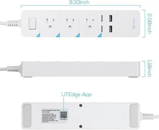Alt view image 7 of 7 - LITEdge Smart Power Strip, Wi-Fi Accessible 3 AC Outlets 2 USB Ports, Distance Access, 5.6ft Cable Length, Control with App on Phone, Surge Protected, Compatible with Alexa