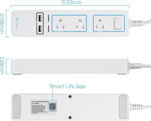 Alt view image 7 of 7 - LITEdge Wi-Fi Accessible Smart Power Strip, Triple AC Outlets with 2 USB Ports, Works with Amazon Alexa, No Hub Needed, Wireless Distance APP Control, Surge Protected