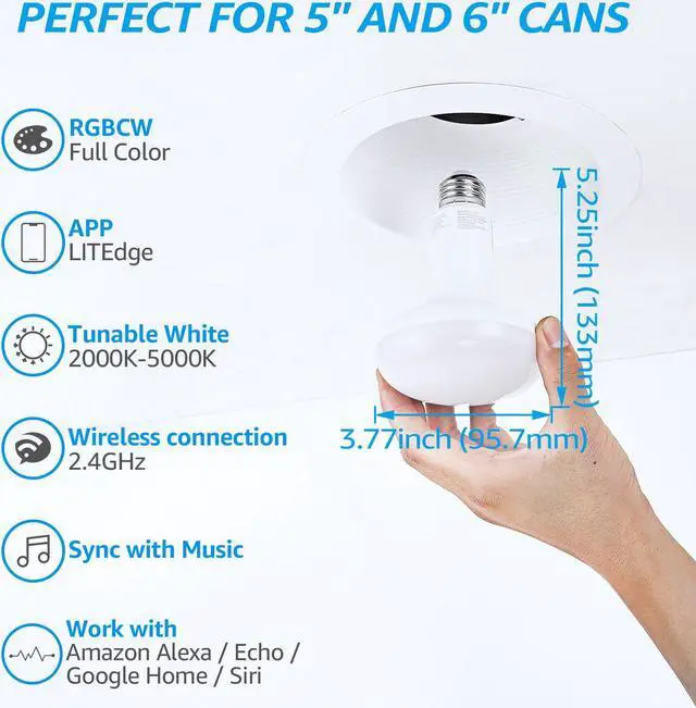 Alt view image 5 of 7 - TORCHSTAR 4 Pack BR30 Smart LED Light Bulbs, WiFi & Bluetooth, 60W Equiv, E26 Base, Works with Alexa Echo Google Home Assistant Siri for Indoors, 2000K-5000K RGBCW Full Color Changing Smart Bulb