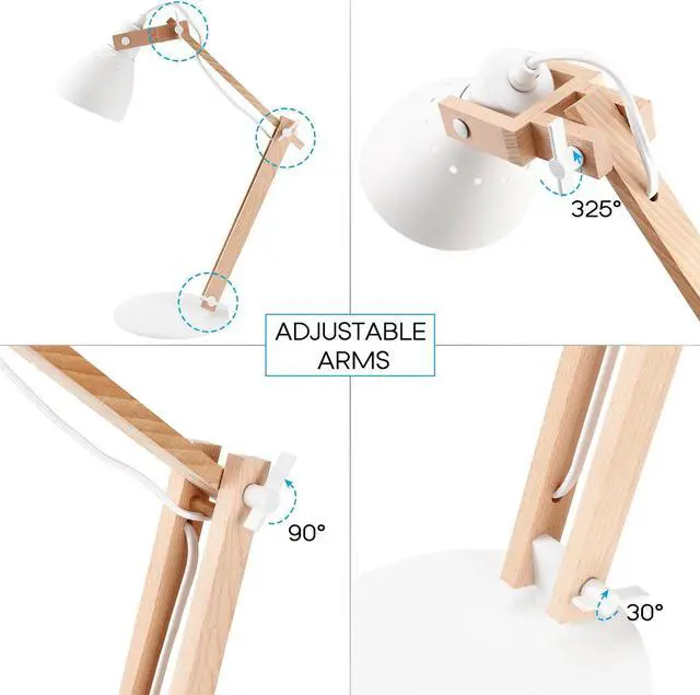 Alt view image 3 of 6 - TORCHSTAR LED Swing Arm Desk Lamp, Wood Integrated Table Lamp, Heavy Base, 4-Level Dimmer, 5W, 2800K-3000K Warm White, Reading Lights for Office, Living Room, Bedroom, Bedside Nightstand Lamp, White