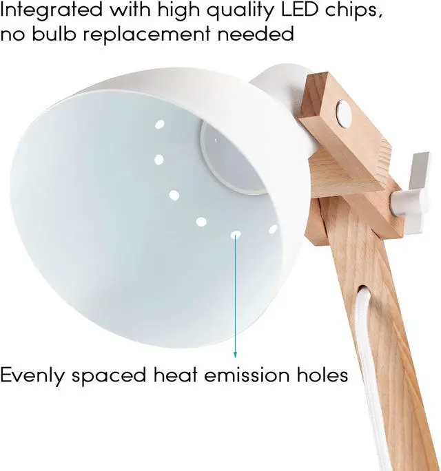 Alt view image 2 of 6 - TORCHSTAR LED Swing Arm Desk Lamp, Wood Integrated Table Lamp, Heavy Base, 4-Level Dimmer, 5W, 2800K-3000K Warm White, Reading Lights for Office, Living Room, Bedroom, Bedside Nightstand Lamp, White