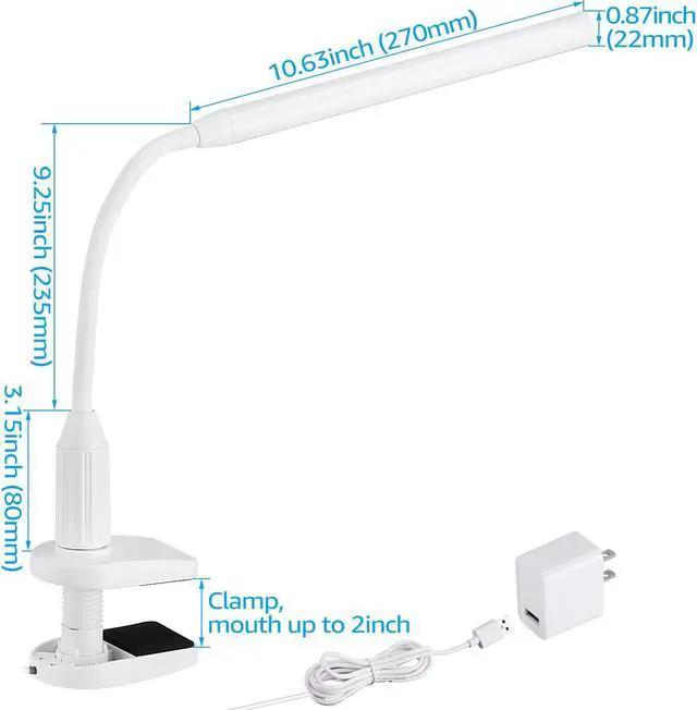 Alt view image 6 of 7 - TORCHSTAR 5W Dimmable Flexible Study Clamp Desk Lamp with 26 LEDs, USB Powered Eye-Care Touch Sensitive Light, Memory Function, 4000K Cool White, ETL-Listed Power Adapter, 30,000hrs Lifespan, White