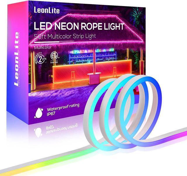 LEONLITE 50FT RGB LED Neon Rope Lights Outdoor IP67 Waterproof AC 120V Neon LED Strip Lights UL Plug Play ETL Listed Neon Lights String Multicolor Light Newegg