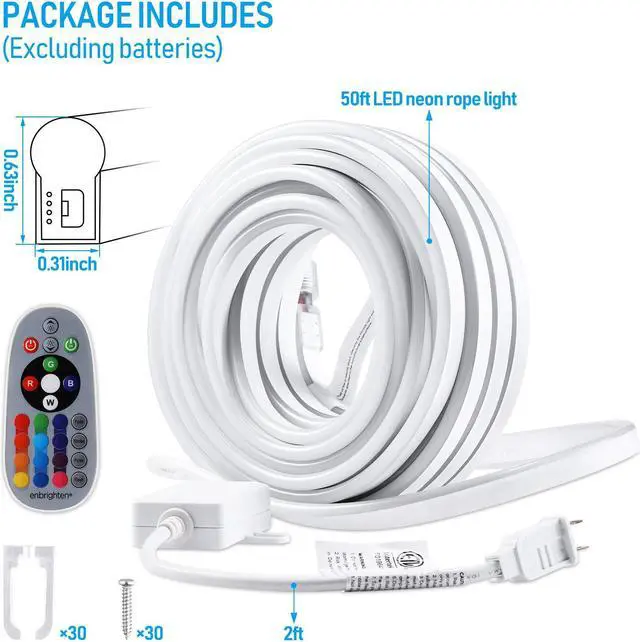 Alt view image 7 of 7 - LEONLITE 50FT RGB LED Neon Rope Lights Outdoor, IP67 Waterproof, AC 120V Neon LED Strip Lights, UL Plug&Play, ETL Listed Neon Lights String, Multicolor Light