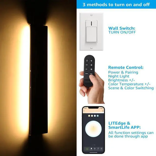 Alt view image 5 of 7 - LEONLITE 31.5" Smart WiFi LED Wall Sconce 30W,100-265V Color Changing, Compatible with Alexa Google Siri, Remote Control, Aluminum, IP65 Waterproof