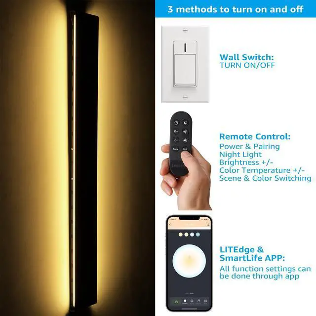 Alt view image 5 of 7 - LEONLITE 47.25" Smart WiFi LED Wall Sconce 45W,100-265V Color Changing, Compatible with Alexa Google Siri, Remote Control, Aluminum, IP65 Waterproof