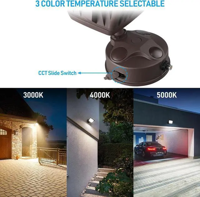 Alt view image 4 of 6 - LEONLITE LED 3CCT Flood Light Dusk to Dawn, 40W Sensor Security Light, 3000K/4000K/5000K Selectable, Adjustable Head, Bronze