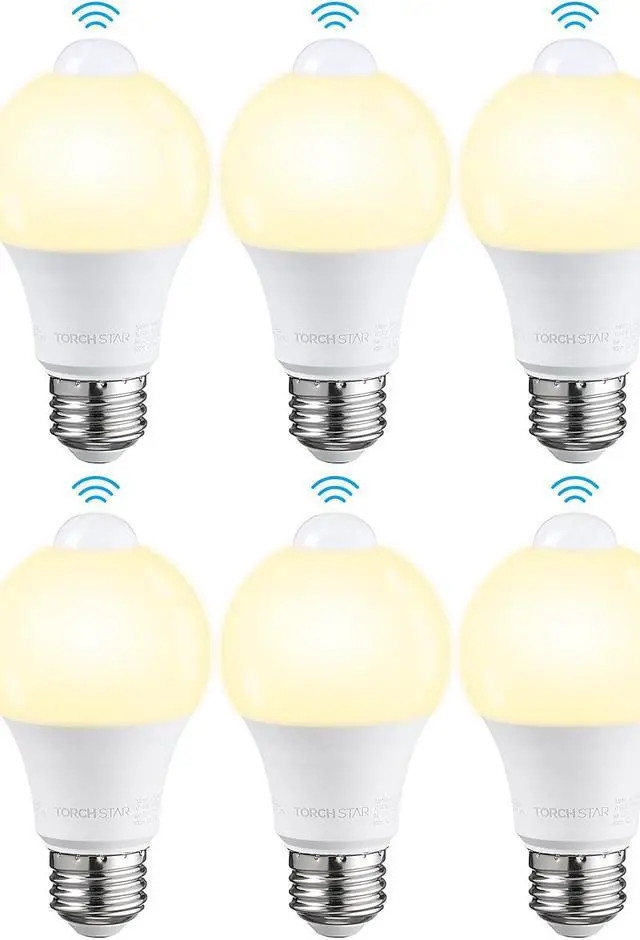 Main image of TORCHSTAR 6 Pack A19 LED Motion Sensor Light Bulb, 9W, 900LM, E26 Base, UL Listed, 3000K Warm White