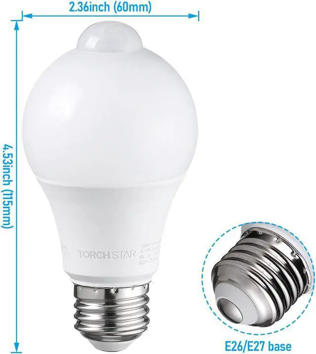 Alt view image 7 of 7 - TORCHSTAR 6 Pack A19 LED Motion Sensor Light Bulb, 9W, 900LM, E26 Base, UL Listed, 3000K Warm White