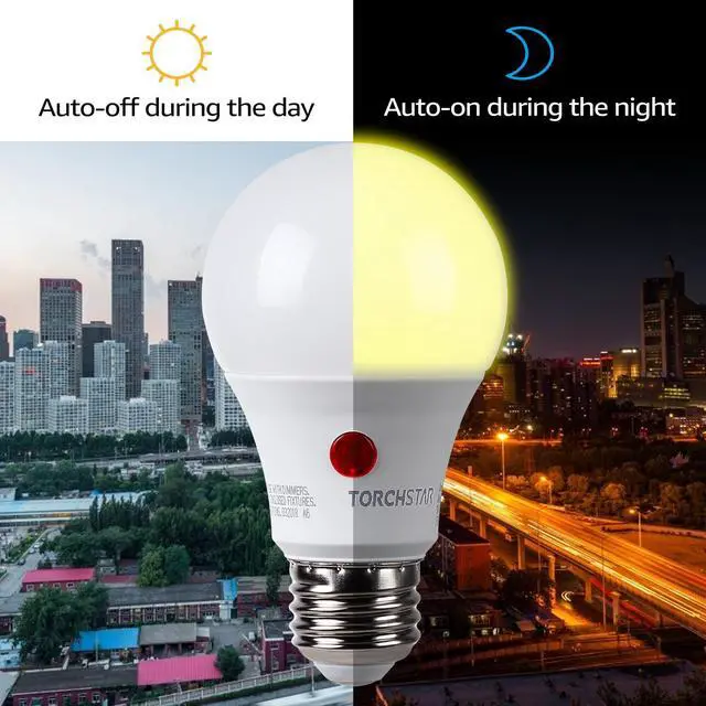 Alt view image 2 of 7 - TORCHSTAR LED Dusk to Dawn Light Bulbs Outdoor, Light Sensor A19 LED Bulb, 9W (60W Eqv.), 800lm, 2700K Soft White, UL-listed, Auto On/Off Photocell, for Porch, Front Door, Pack of 4
