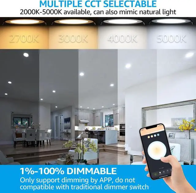 Alt view image 2 of 7 - TORCHSTAR 4-Pack 6 Inch LED RGBCW Smart Recessed Lighting with J-box, Dimmable Color Changing Warm & Cool White 2000-5000K, 12W Wi-Fi Smart Downlight, Compatible with Alexa/Google/Siri, Wet Location