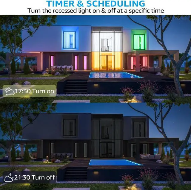 Alt view image 6 of 7 - TORCHSTAR 4-Pack 6 Inch LED RGBCW Smart Recessed Lighting with J-box, Dimmable Color Changing Warm & Cool White 2000-5000K, 12W Wi-Fi Smart Downlight, Compatible with Alexa/Google/Siri, Wet Location