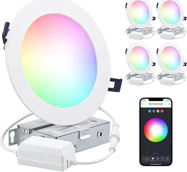 Main image of TORCHSTAR 4-Pack 6 Inch LED RGBCW Smart Recessed Lighting with J-box, Dimmable Color Changing Warm & Cool White 2000-5000K, 12W Wi-Fi Smart Downlight, Compatible with Alexa/Google/Siri, Wet Location