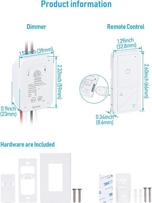 Alt view image 7 of 7 - TORCHSTAR 120V Dimmer Switch, Wireless Light Switch and Receiver Kit, No in-Wall Wiring Required, Remote Control for Ceiling Lights, Fans, Lamps, 100 Ft RF Range, ETL listed