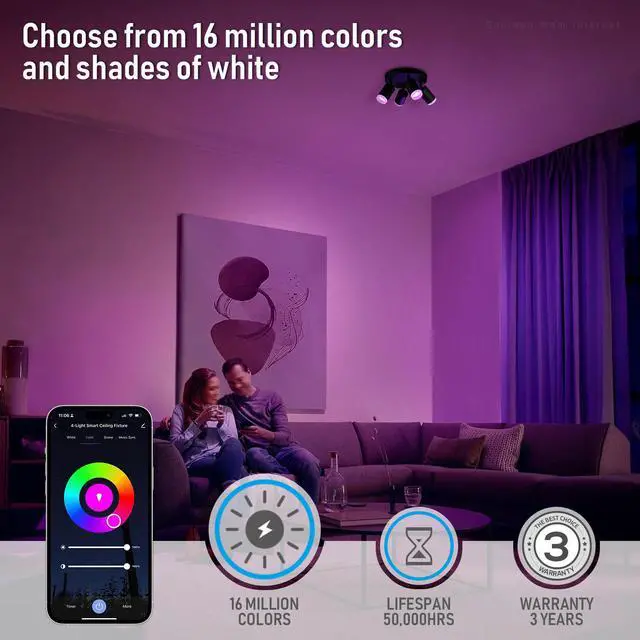 Alt view image 4 of 7 - LEONLITE LED Smart Ceiling Spotlights, 2.4G WiFi & Bluetooth RGB Directional Dimmable Ceiling Light, APP Voice Control, 16 Million Colors, CRI90