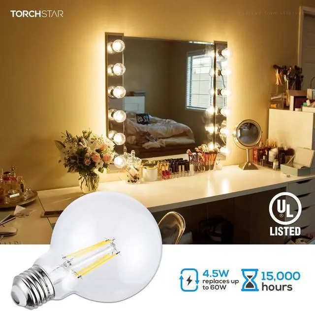 Alt view image 6 of 7 - TORCHSTAR 6 Pack Dimmable LED G25 Vintage Light Bulb, Edison Vanity Globe Filament Bulb, 4.5W (60W Eqv.), Medium E26 Base 2700K Soft White