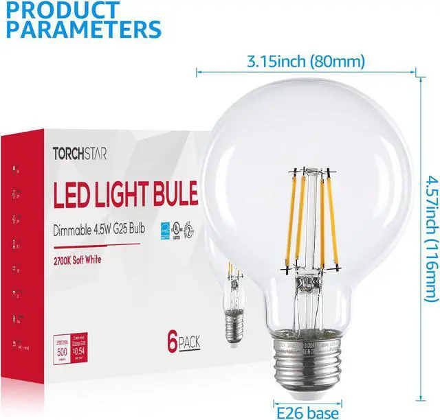 Alt view image 7 of 7 - TORCHSTAR 6 Pack Dimmable LED G25 Vintage Light Bulb, Edison Vanity Globe Filament Bulb, 4.5W (60W Eqv.), Medium E26 Base 2700K Soft White