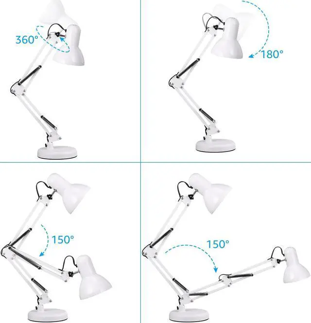 Alt view image 5 of 7 - TORCHSTAR Metal Swing Arm Desk Lamp, Interchangeable Base Or Clamp, Classic Architect Clip On Study Table Lamp, Multi-Joint, Adjustable Arm, White Finish