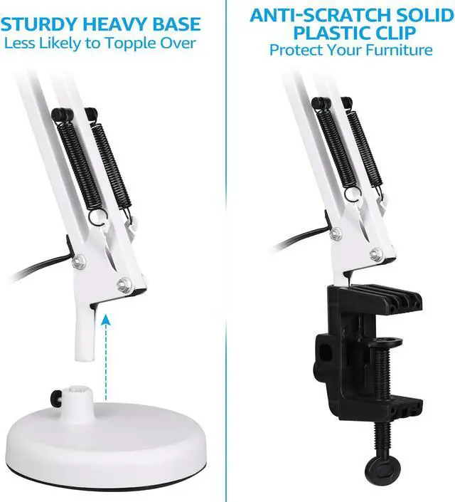 Alt view image 2 of 7 - TORCHSTAR Metal Swing Arm Desk Lamp, Interchangeable Base Or Clamp, Classic Architect Clip On Study Table Lamp, Multi-Joint, Adjustable Arm, White Finish