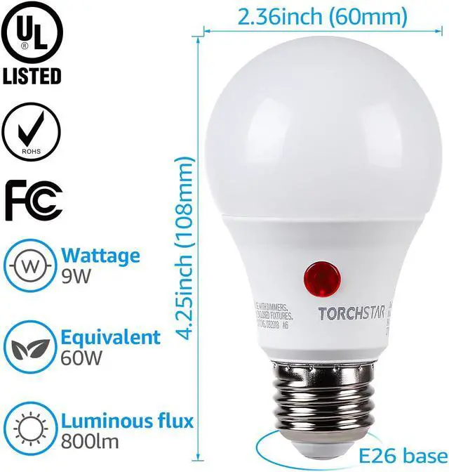 Alt view image 4 of 7 - TORCHSTAR LED Dusk to Dawn Light Bulbs Outdoor, Light Sensor A19 LED Bulb, 9W (60W Eqv.), 800lm, 5000K Daylight, UL & Energy Star Certified, Auto On/Off Photocell, for Porch, Front Door, Pack of 4