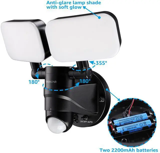 Alt view image 3 of 7 - TORCHSTAR LED Solar Outdoor Security Lights with Motion Sensor, Adjustable Dual-Head Flood Light, 2 Modes Auto Mode & ON-OFF Mode, 6500K, IP65 Waterproof, for Yard, Garages, Patios, Entryways