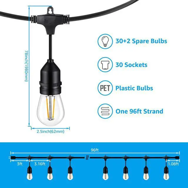 Alt view image 2 of 7 - 96ft LED Outdoor String Lights, 30+2 Vintage Filament Bulbs, 110V Shatterproof Patio Lighting for Garden, Backyard, Porch, Party, Wedding, IP65 Waterproof, ETL Certified, 2700K Soft White
